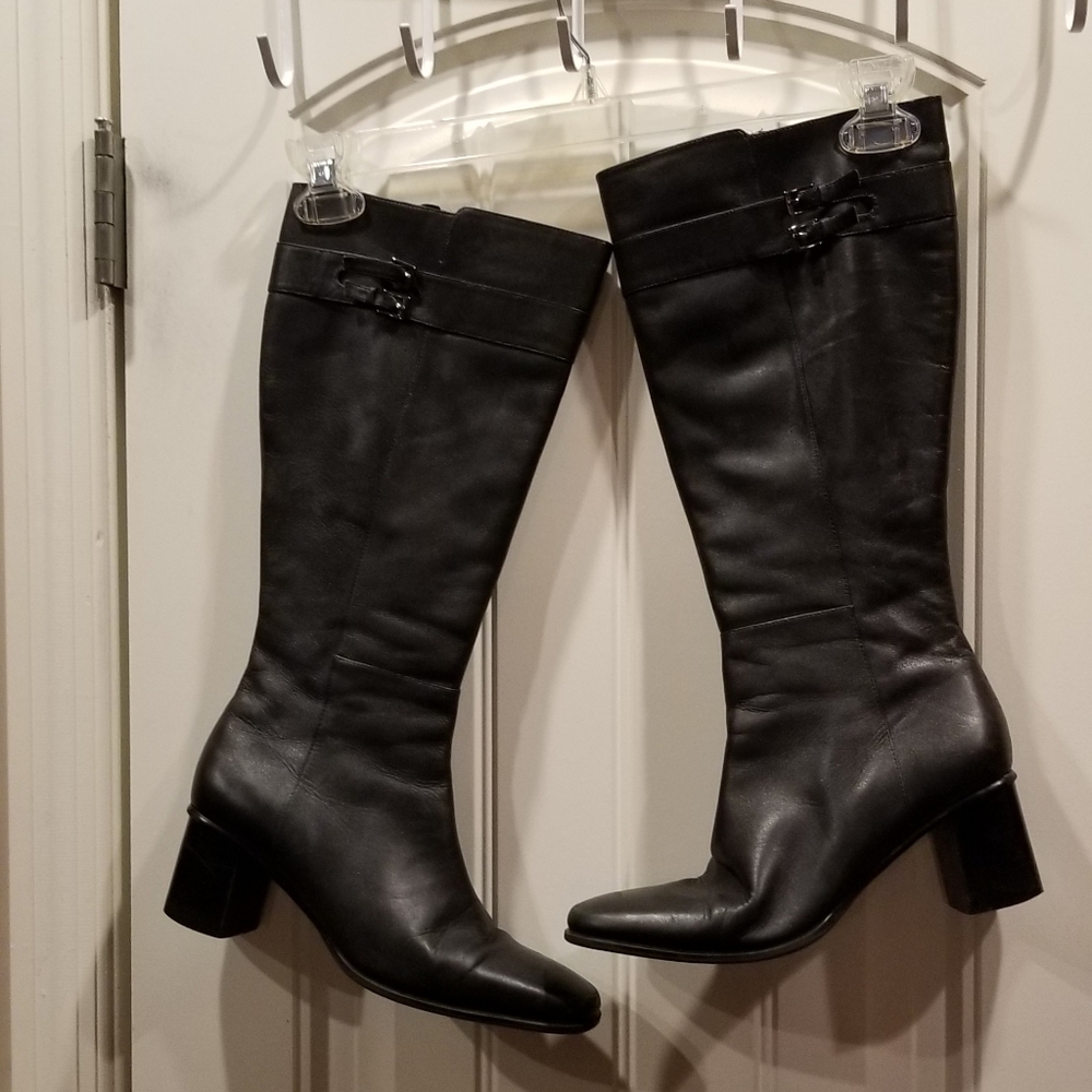 Liz Claiborne Black Leather Chunky Heel Boots Sz 9.5